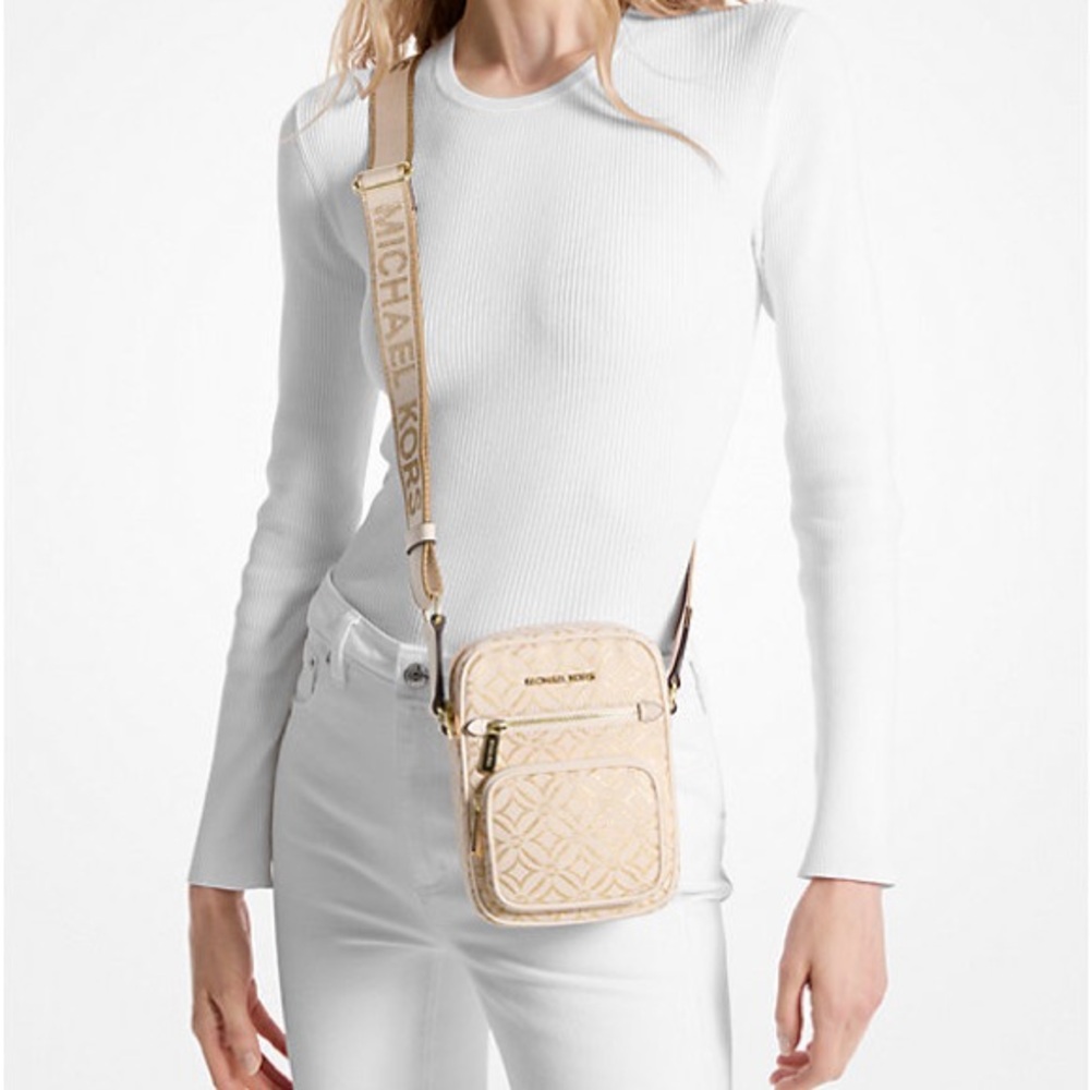 Jet Set Medium Metallic Logo Jacquard Crossbody Bag - Cream - NWT